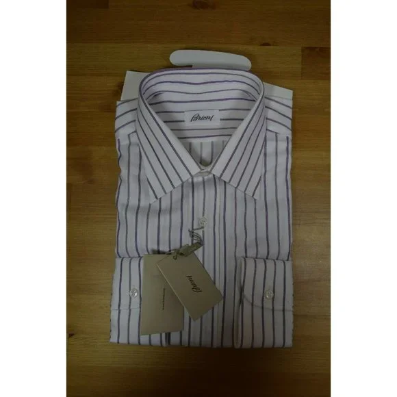 $749 Brioni Italy 16 / 41 Men Lavender White Long-Sleeve Button Top Dress Shirt - Picture 6 of 7